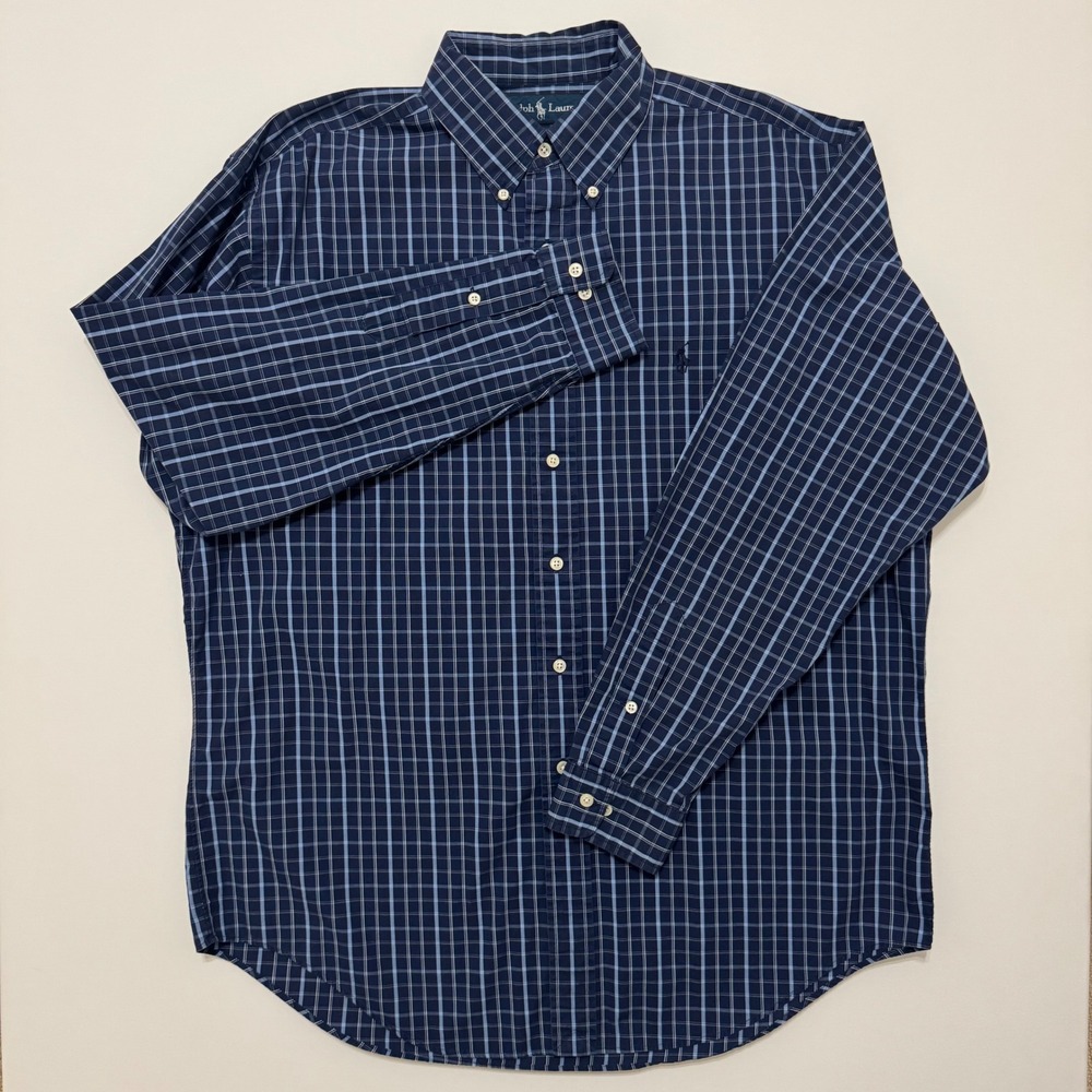 Ralph Lauren Button Down Shirt Mens L Navy Blue Plaid Excellent Yarmouth - Picture 2 of 7